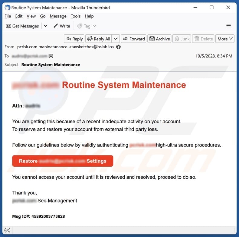 Routine System Maintenance email spam campaigne