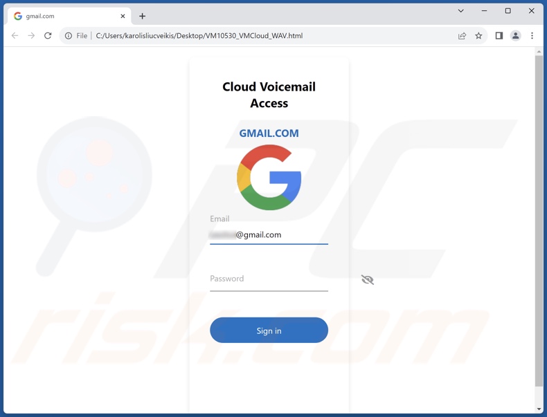 Voicemail Message Received oplichtings-e-mail gepromoot phishing-bestand (VM10530_VMCloud_WAV.html)