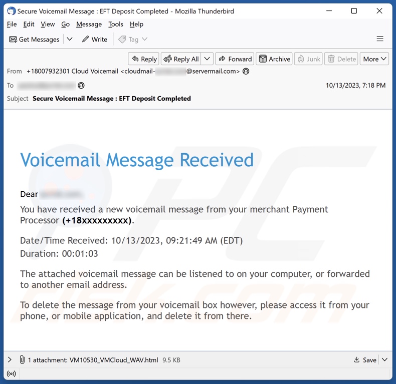 Voicemail Message Received email spam campaigne