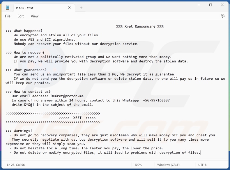 Xret ransomware tekstbestand (# XRET #.txt)