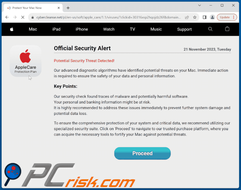 Verschijning van AppleCare - Official Security Alert oplichterij (GIF)