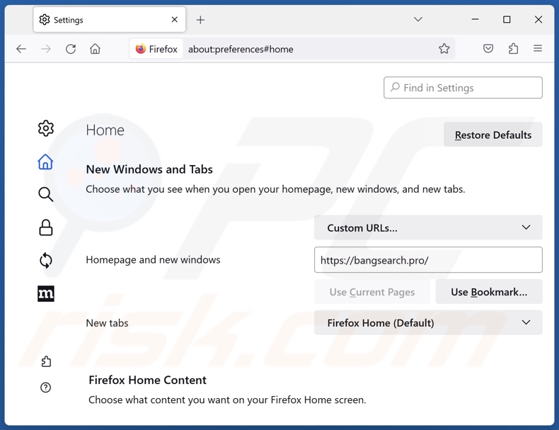 Bangsearch.pro van de startpagina van Mozilla Firefox verwijderen