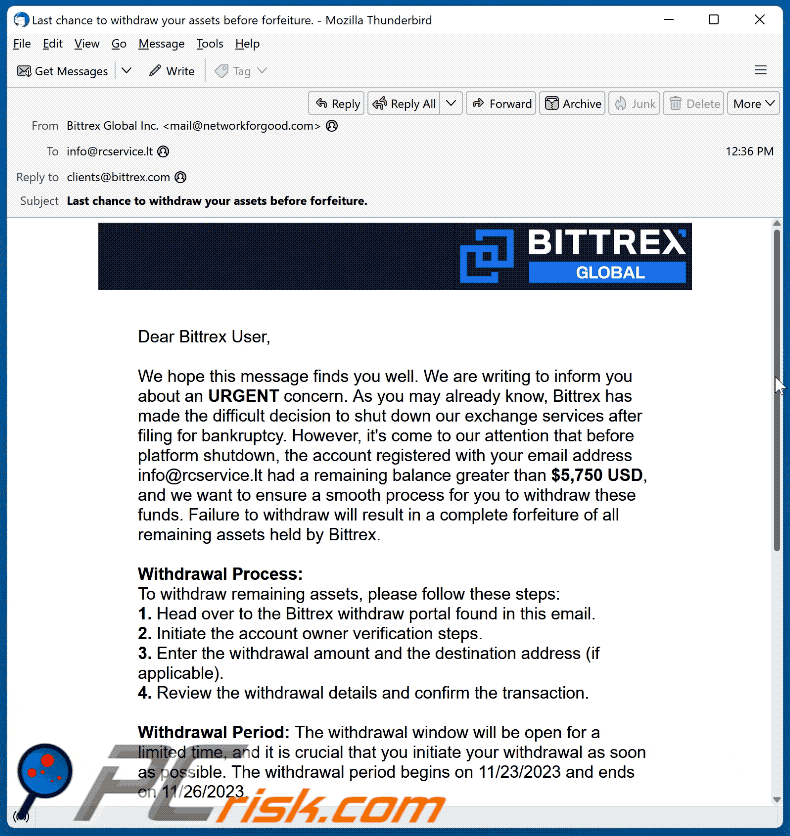 Bittrex email scam appearance