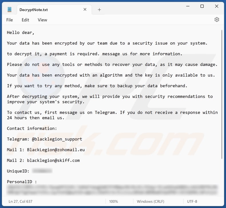 BlackLegion ransomware tekstbestand (DecryptNote.txt)