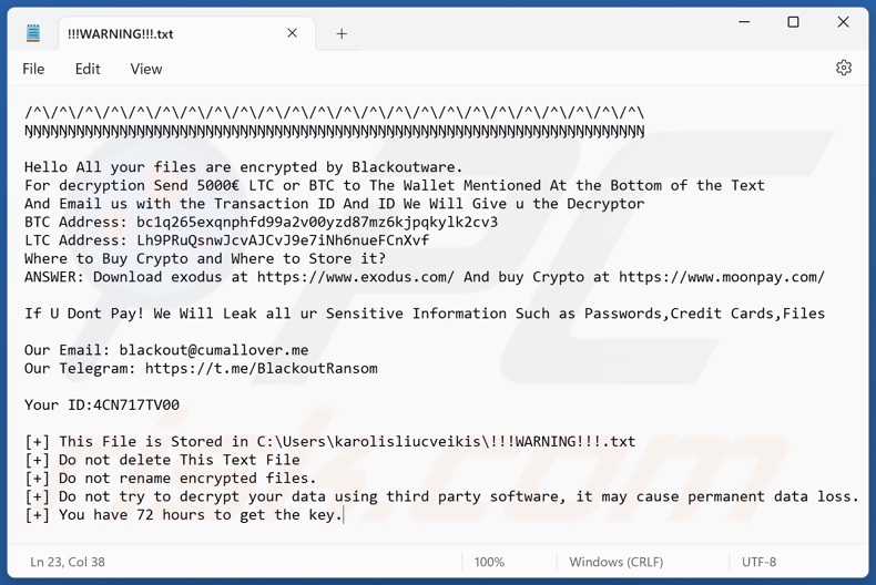 Blackoutware ransomware tekstbestand (!!!WARNING!!!.txt)