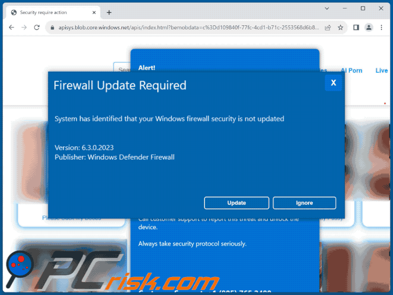 Weergave van de Firewall Update Required scam (GIF)