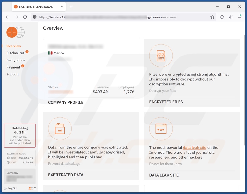 Hunters International ransomware payment-contact site