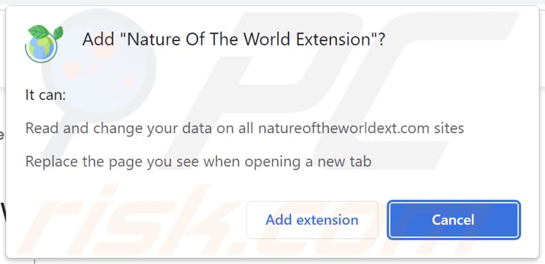 Nature Of The World Extension browser hijacker asking for permissions
