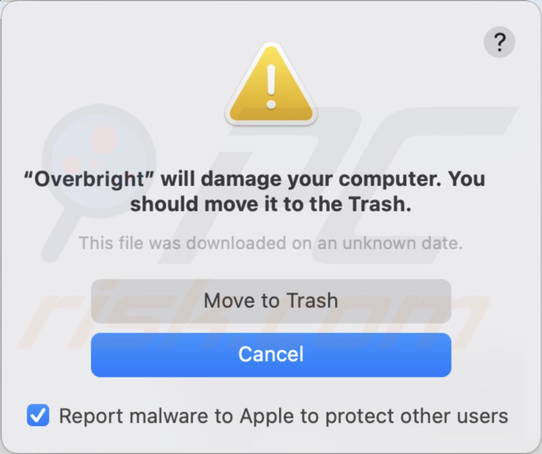 Pop-up die wordt weergegeven wanneer de Overbright-adware op het systeem wordt gedetecteerd