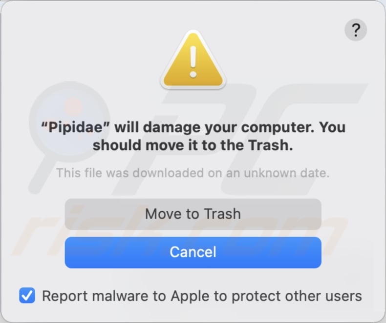 Pop-up waarschuwing over de aanwezigheid van Pipidae adware op het systeem