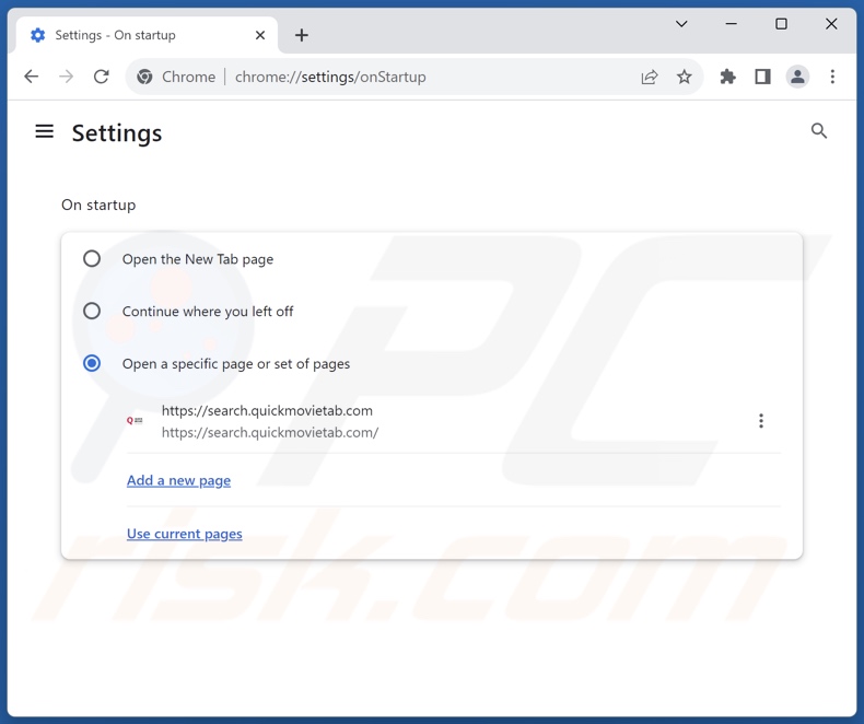 Removing search.quickmovietab.com from Google Chrome homepage