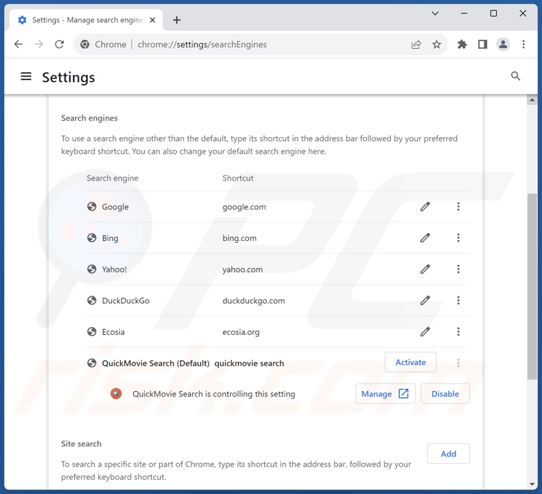 Removing search.quickmovietab.com from Google Chrome default search engine