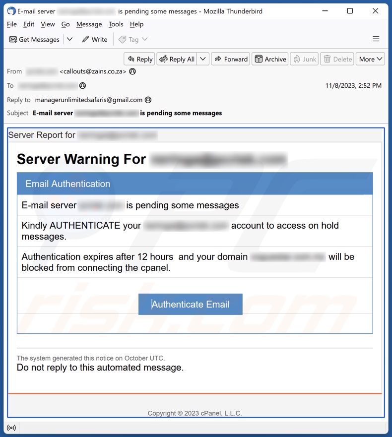 Server Warning email spam campaigne