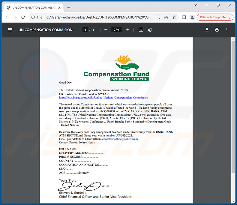 UNITED NATIONS COMPENSATION (COVID19 ASSISTED PROGRAM) Oplichting via e-mail (2023-11-08)