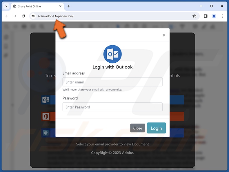 phishing-website die wordt gepromoot door de Adobe Scan