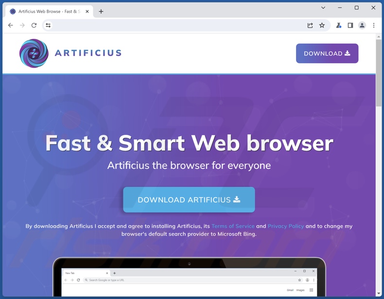 Website promoting Artificius browser