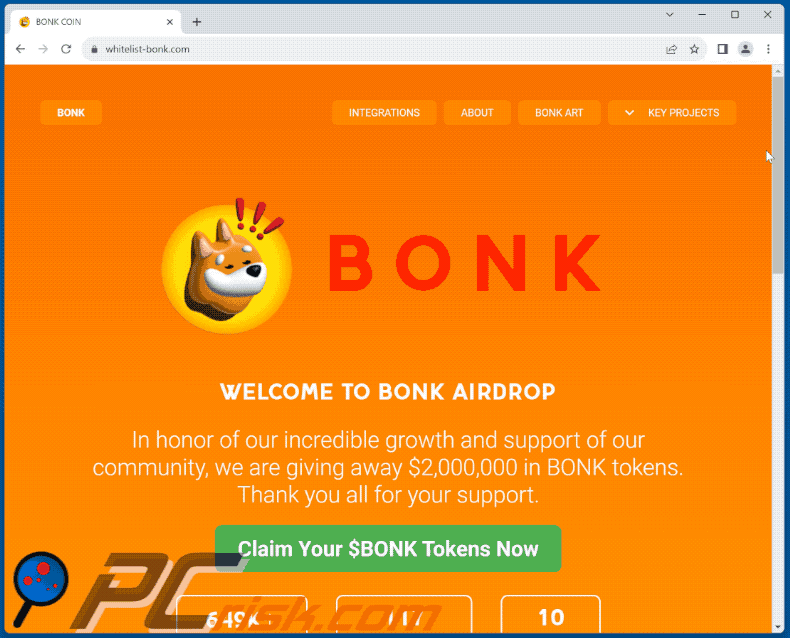 Verschijning van Bonk Coin Airdrop Giveaway oplichterij (GIF)