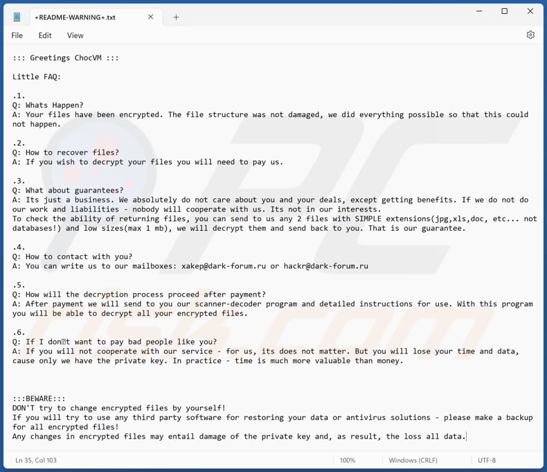 ChocVM ransomware text file (+README-WARNING+.txt)