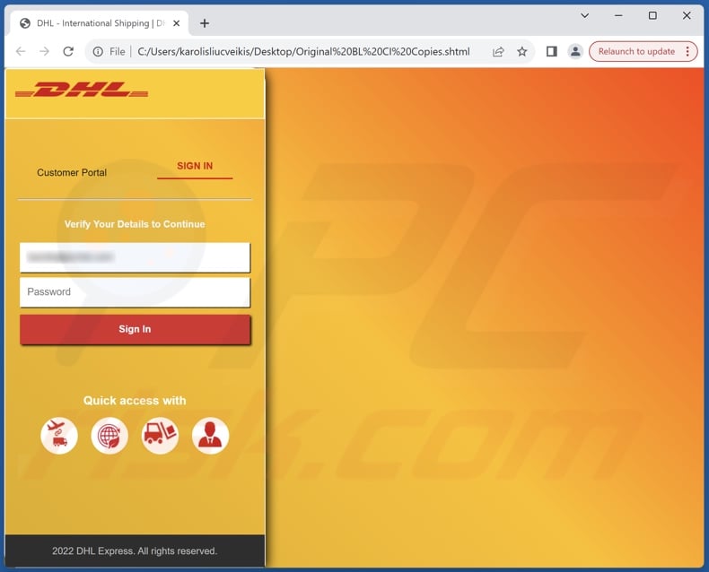 DHL Express - Incomplete Delivery Address scam e-mail gepromoot phishing-bestand (Original BL CI Copies.shtml)