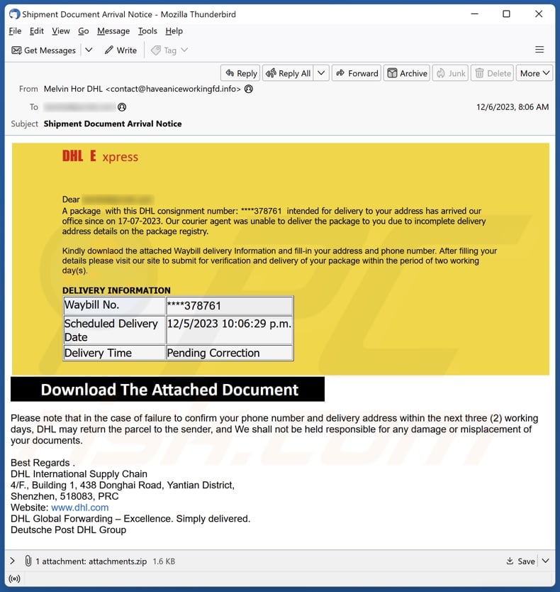 DHL Express - Incomplete Delivery Address email spam campaign