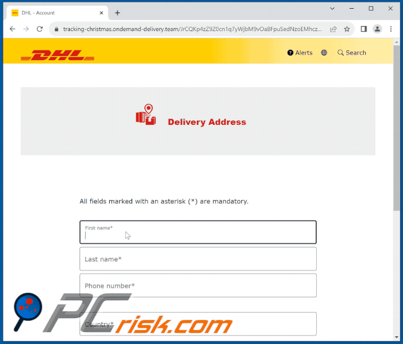 Phishing-site gepromoot via DHL Unpaid Duty email scam (GIF)