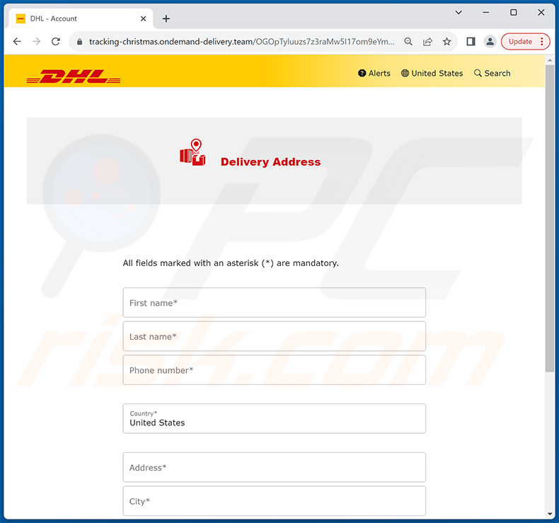 Phishingsite gepromoot via e-mailzwendel van DHL Unpaid Duty (pagina 1)