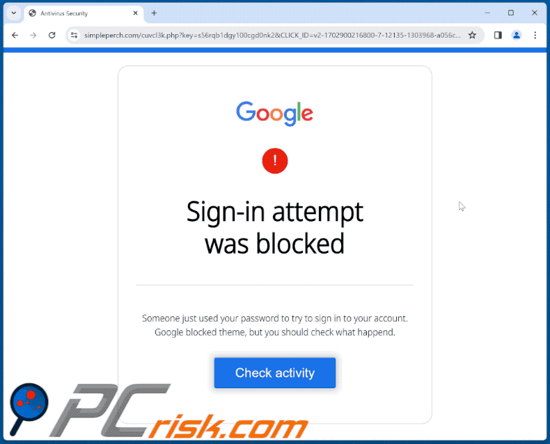 Appearance of Google - Sign-in Attempt Was Blocked scam