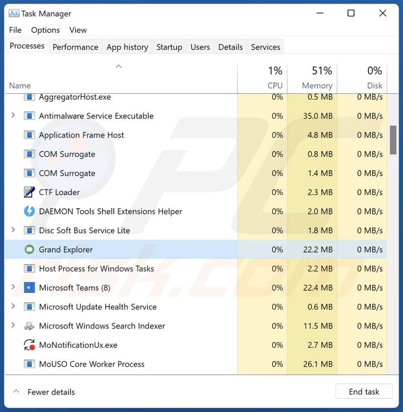 Grand Explorer miner process running in Task Manager