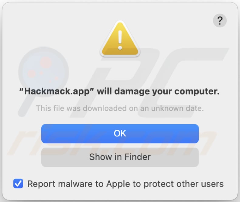 Hackmack.app adware-waarschuwing