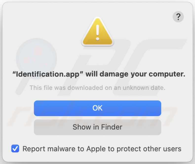 Pop-up displayed when Identification.app adware is detected on the system
