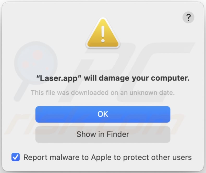 Pop-up displayed when Laser.app adware is detected on the system