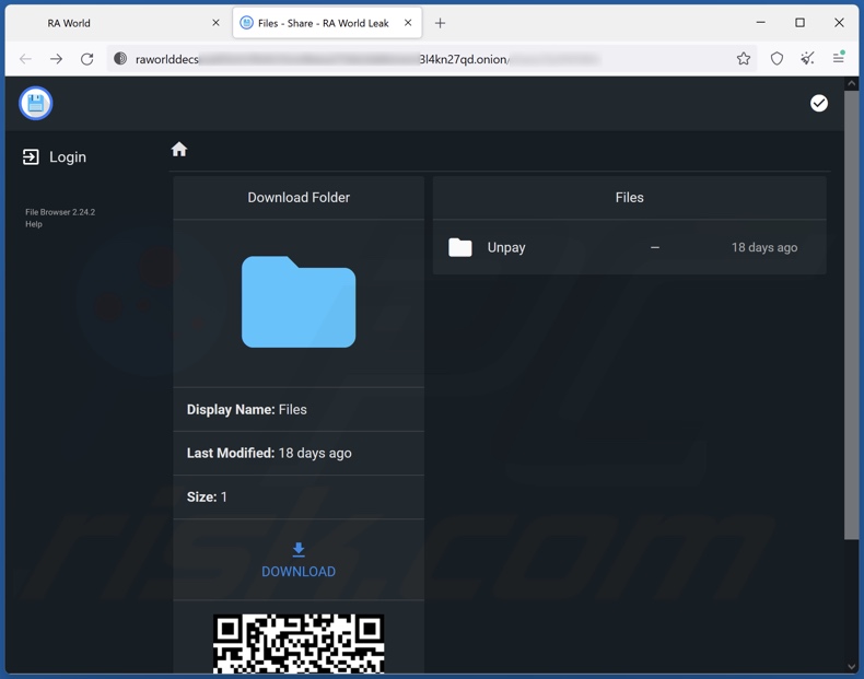 RA World ransomware website voor het lekken van gegevens