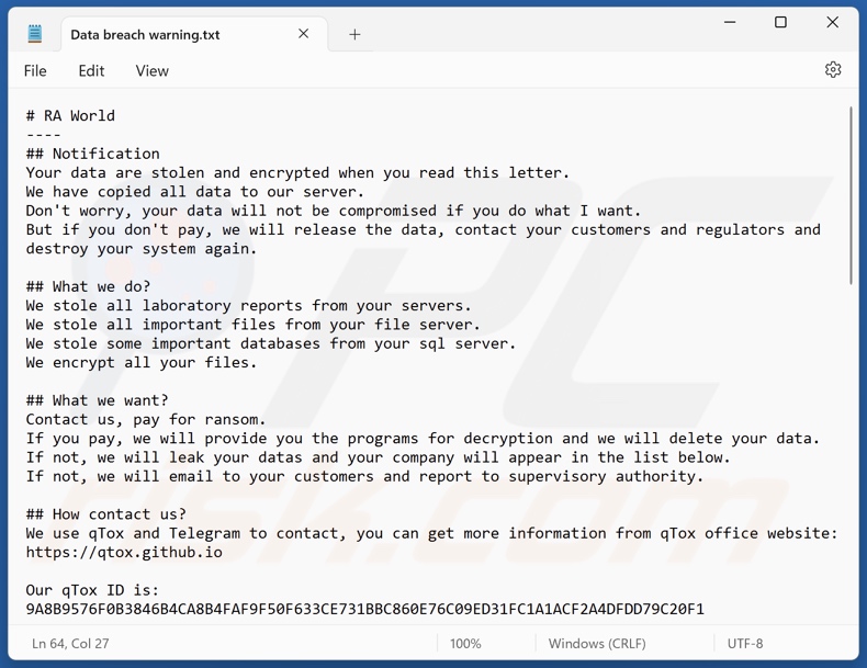 RA World ransomware losgeldbrief (Data breach warning.txt)