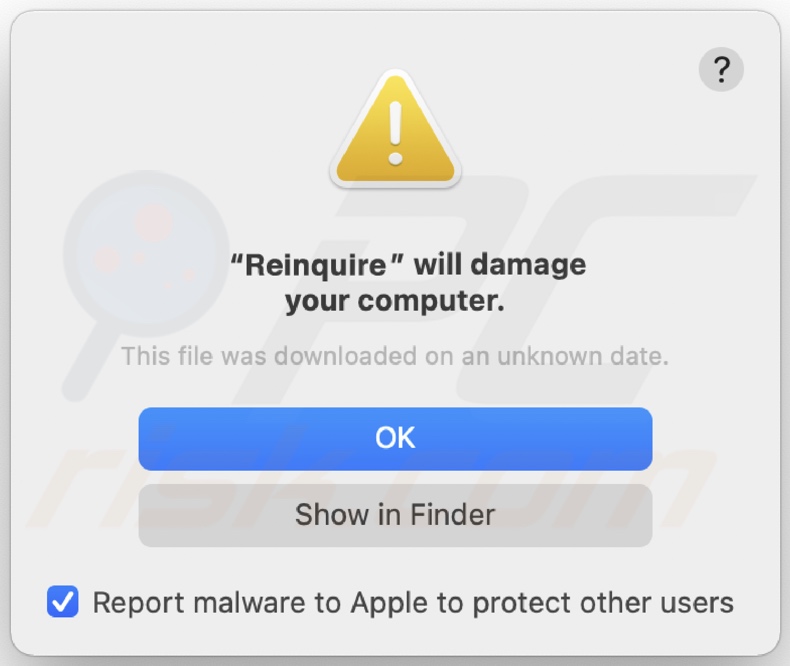 Pop-up displayed when Reinquire adware is detected on the system