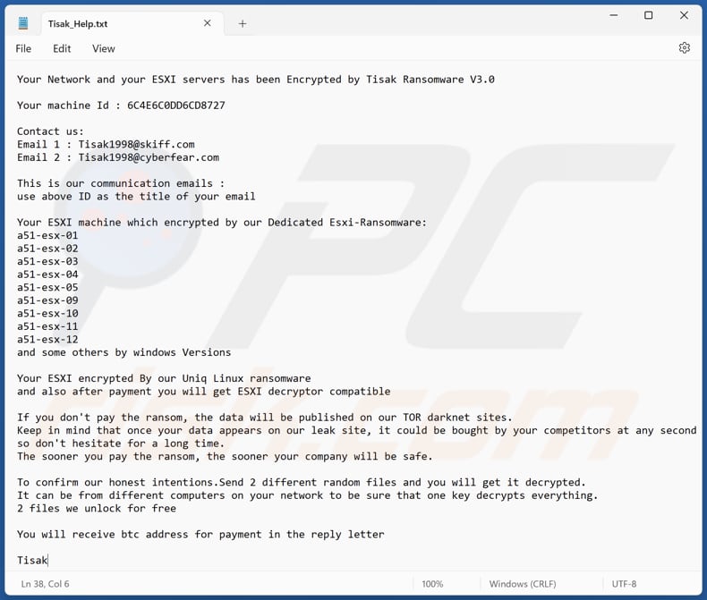 Tisak ransomware tekstbestand (Tisak_Help.txt)