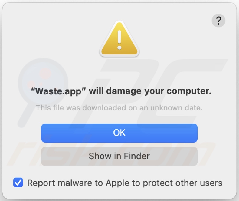 Pop-up die wordt weergegeven wanneer de Waste.app-adware op het systeem wordt gedetecteerd