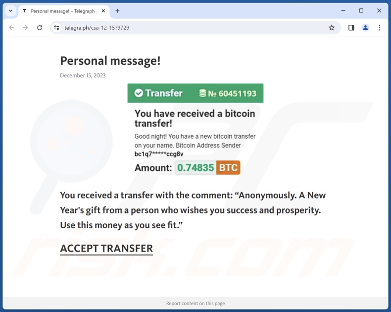 You Have Received A Bitcoin Transfer scam
