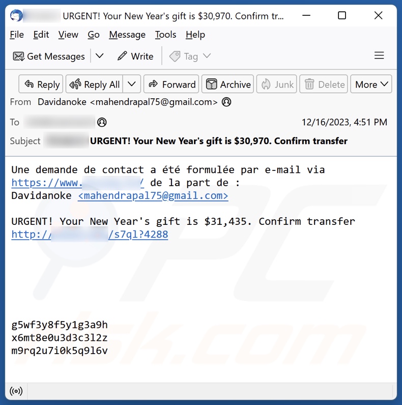 You Have Received A Bitcoin Transfer scam promoting spam email