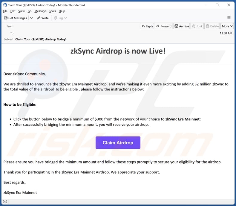 zkSync scam email promoting the scam