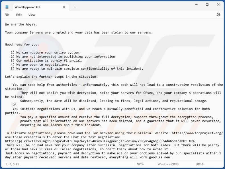 Abyss ransomware tekstbestand (WhatHappened.txt)