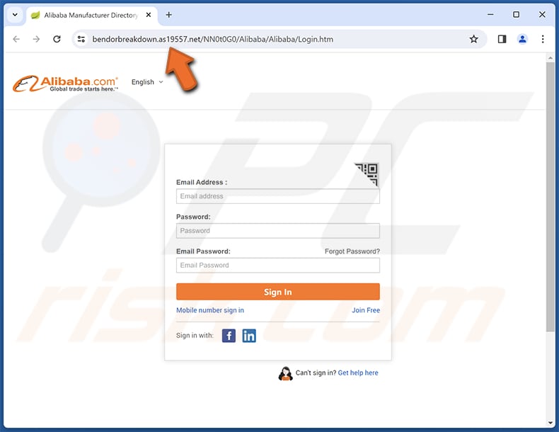 Alibaba e-mail oplichterij phishing pagina