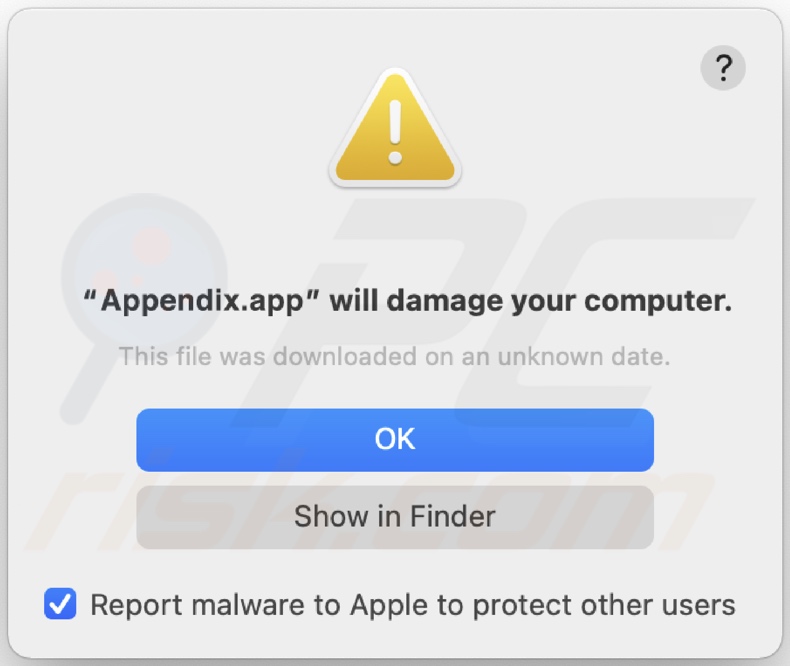Pop-up weergegeven wanneer Appendix.app adware is gedetecteerd op het systeem