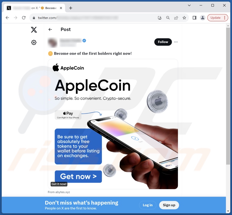 X (Twitter) post onderschrijven AppleCoin scam