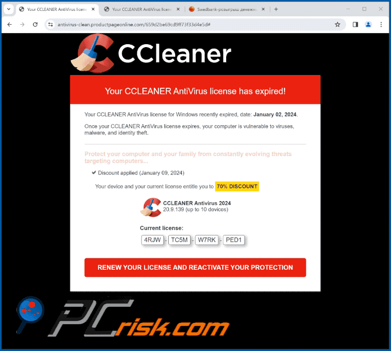 Weergave van de CCLEANER AntiVirus License Has Expired scam (GIF)