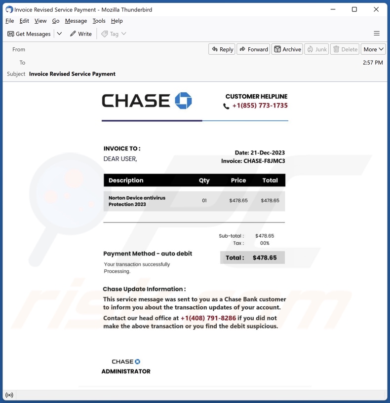 Chase Bank Invoice email spam campagne