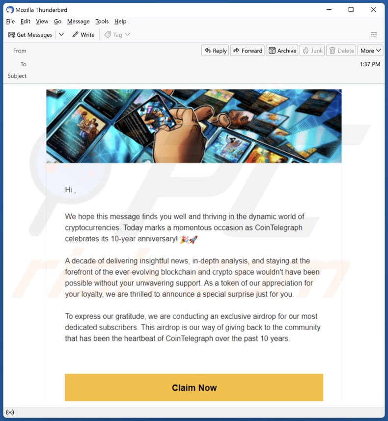 Cointelegraph's 10th Anniversary Airdrop email die deze scam promoot