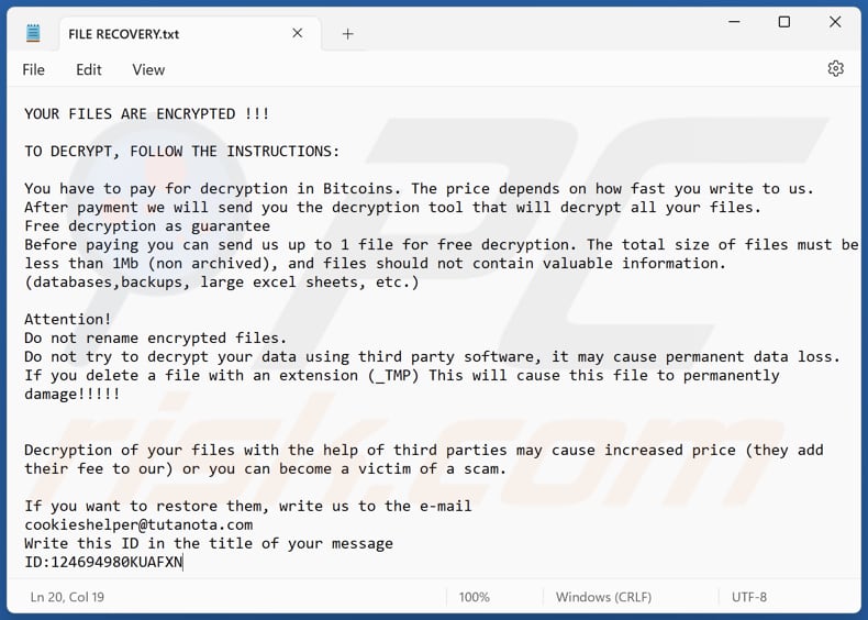 CookiesHelper ransomware tekstbestand (FILE RECOVERY.txt)