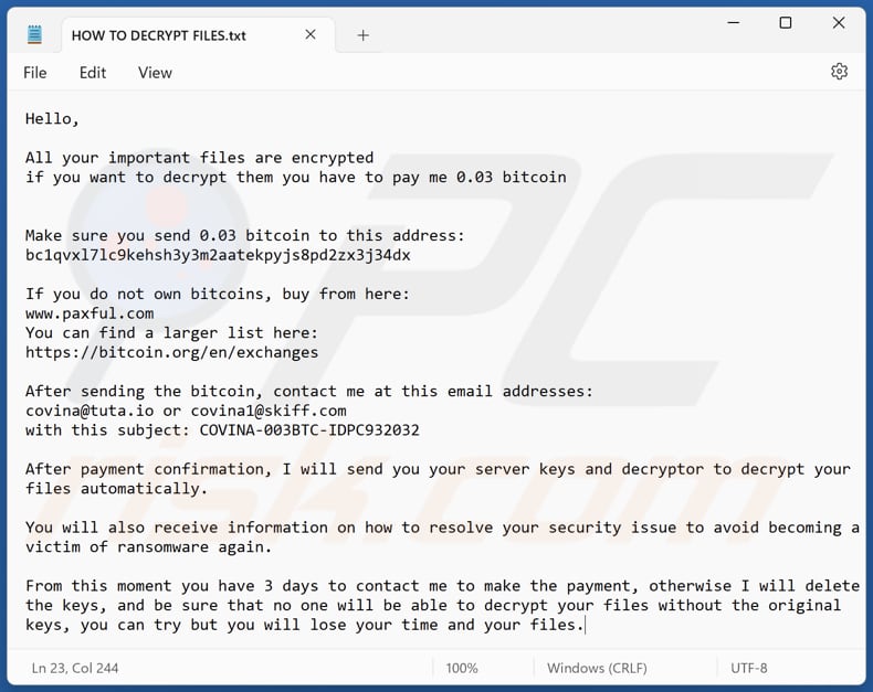 CoV ransomware tekstbestand (HOW TO DECRYPT FILES.txt)