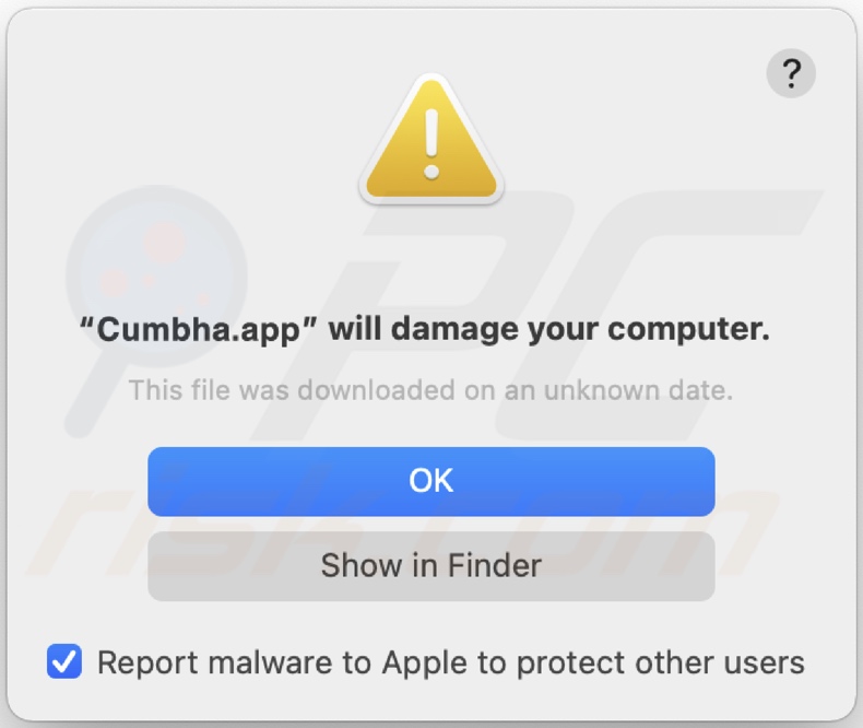 Pop-up weergegeven wanneer Cumbha.app adware is gedetecteerd op het systeem