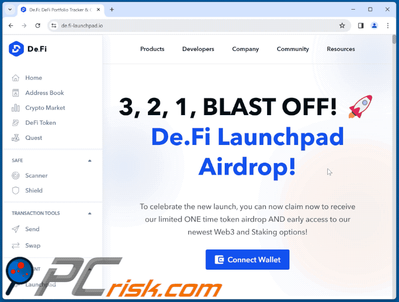 Weergave van de De.Fi Launchpad Airdrop scam (GIF)